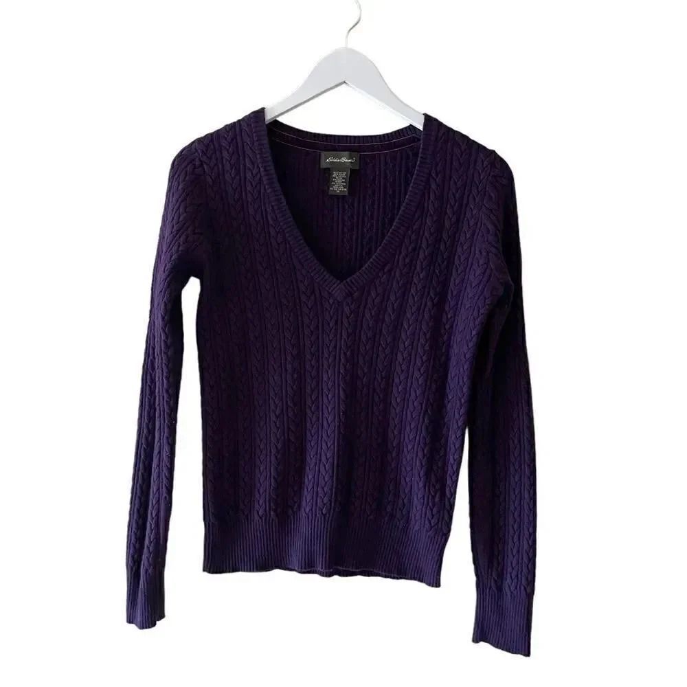 Eddie Bauer Cotton V-Neck Knit Waffle Purple Cozy Soft Womens Sweater SZ M